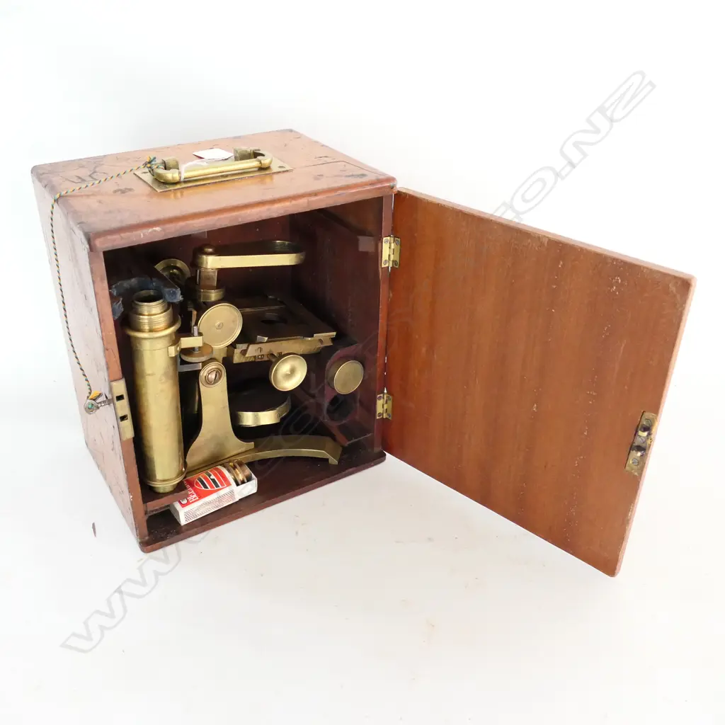 BRASS MONOCULAR MICROSCOPE by JAMES PARKES & SON, B'HAM  w VARIOUS LENSES (CASE w REPLACED DOOR) Image 1++
